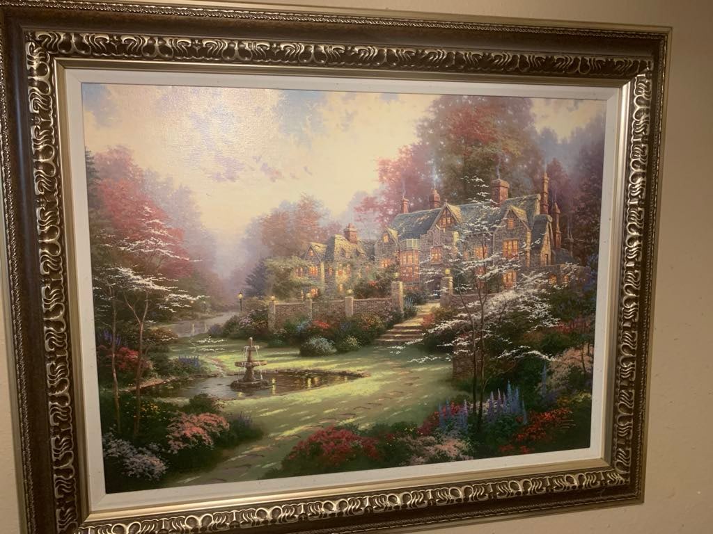 Thomas Kinkade "Garden beyond Spring Gate": Thomas Kinkade "Gardens Beyond Spring Gate" 1998 25 1/2" x 34" image size Giclee in color with acrylic embellishments on canvas. Signed with the artist's estate using Autopen technology and numbered.