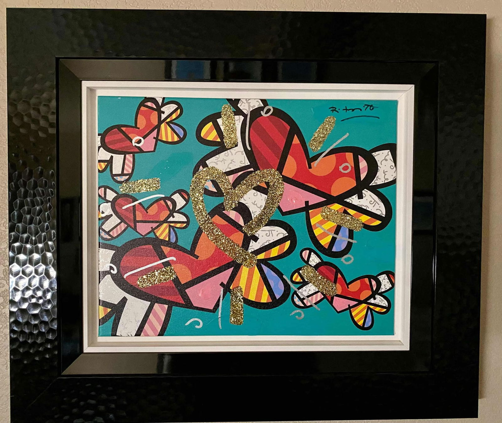 Romero Britto in the Air Teal & pink XV Unique: Romero Britto "In the Air Teal & Pink XV" 2018 16" x 20" image size mixed media with acrylic painting, oil pen drawing, and diamond dust on canvas. Hand-signed in pigment upper right by the artist.