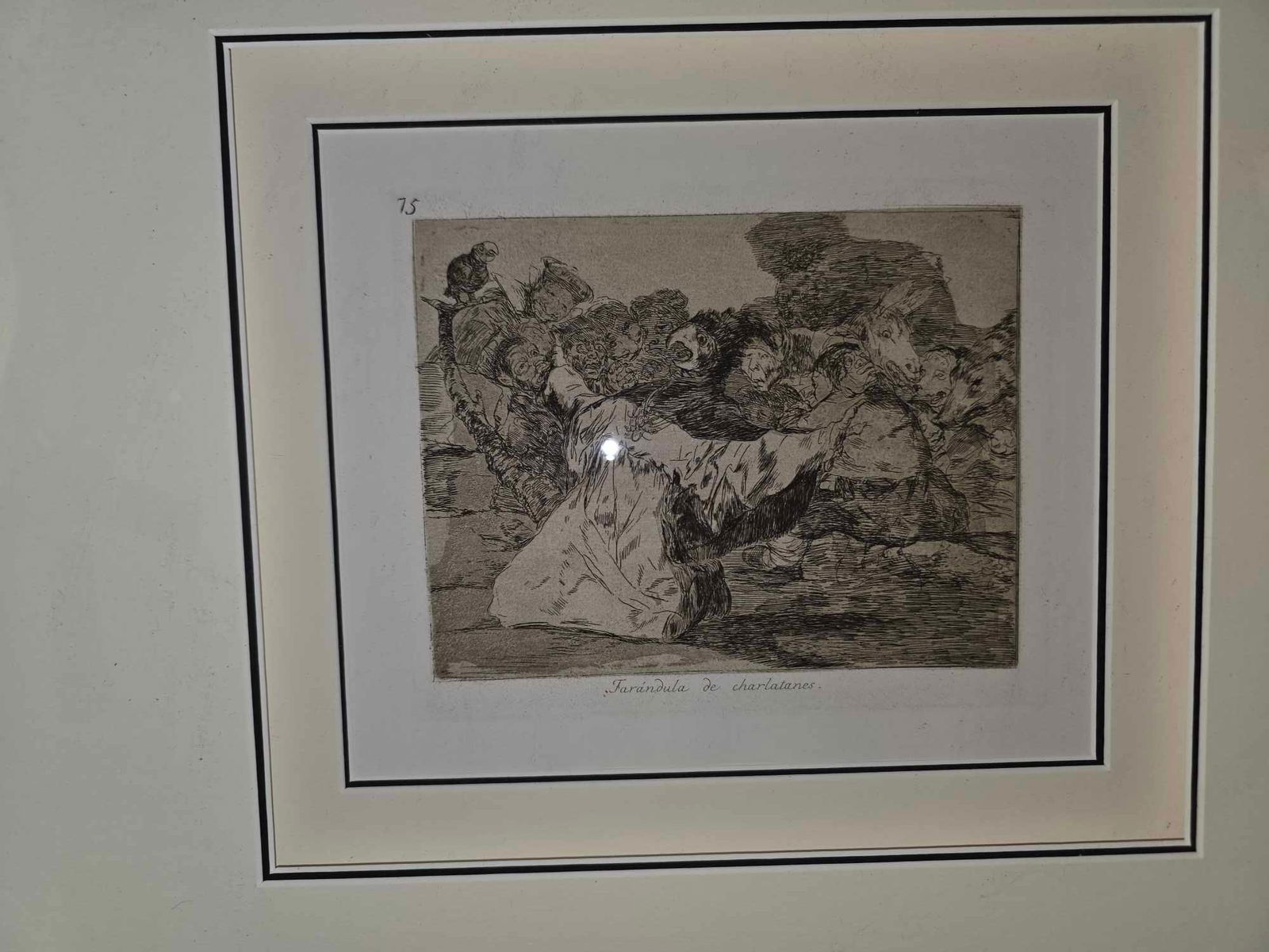 Francisco Goya "Farandula de Charlatanes" (Charlatan's show): Francisco Goya "Farandula de Charlatanes" (Charlatan's Show" c. 1810-1820 7/01" x 8 3/8" image size etching, aquaitint or lavis, drypoint and burin on wove paper. Gallery framed, COA, Appraisal