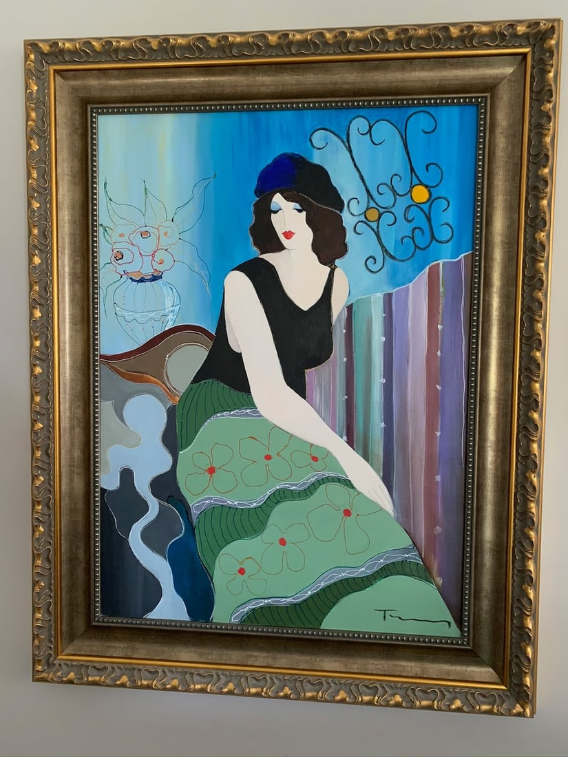 Itzchak Tarkay "Lauren Reflects:: Itzchak Tarkay "Lauren Reflects" 2005 36" x 26" image size Acrylic painting on canvas. Signed in pigment lower right. A Unique work. Gallery framed, COA, appraisal