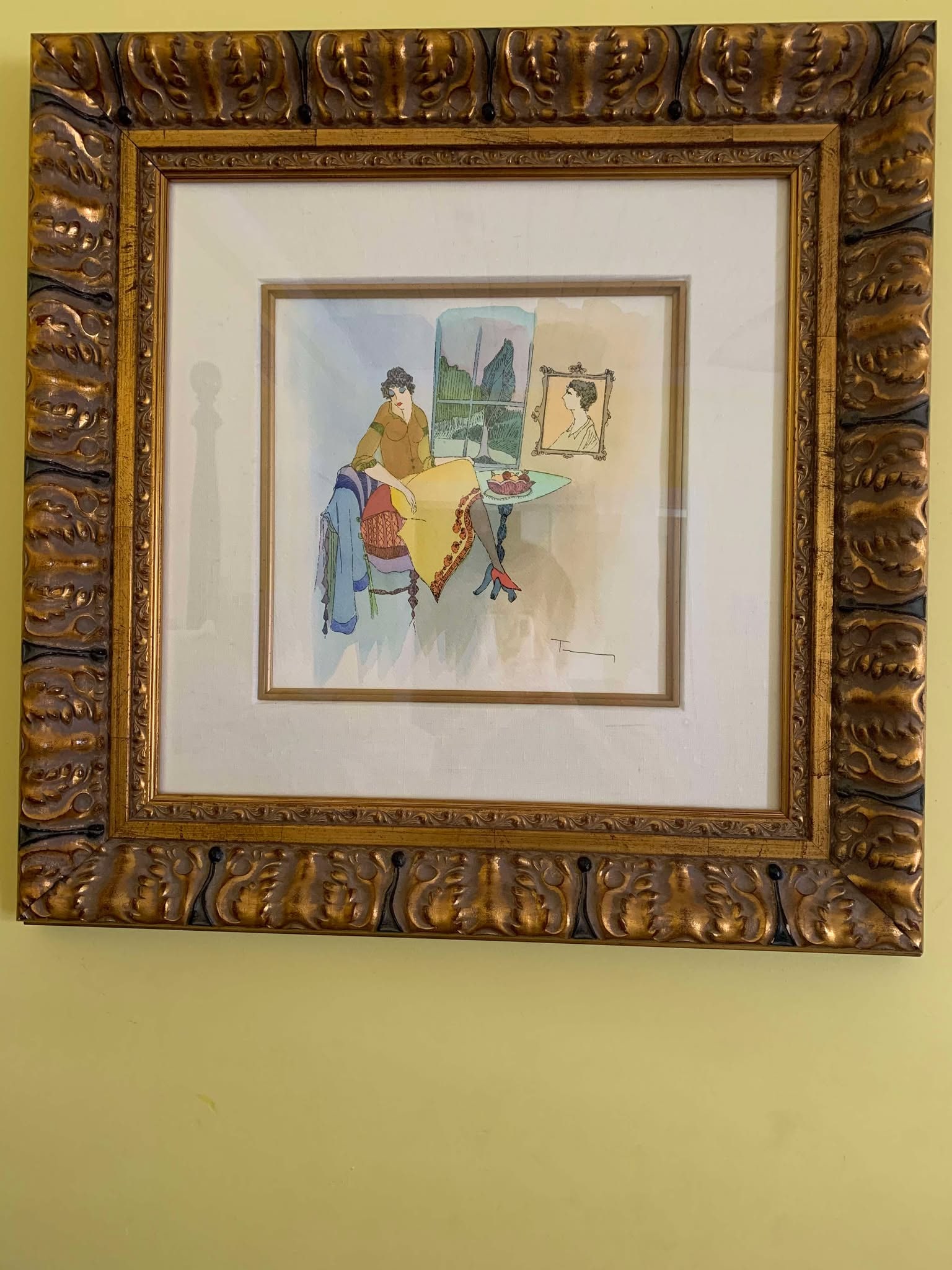 Itzchak Tarkay "Pondering the Day #11": Itzchak Tarkay "Pondering the day #11" 2005 12 1/4" x 12" image size Watercolor, drawing and mixed media on wove paper. Signed in pencil lower right. A unique work. Gallery framed, coa, appraisal