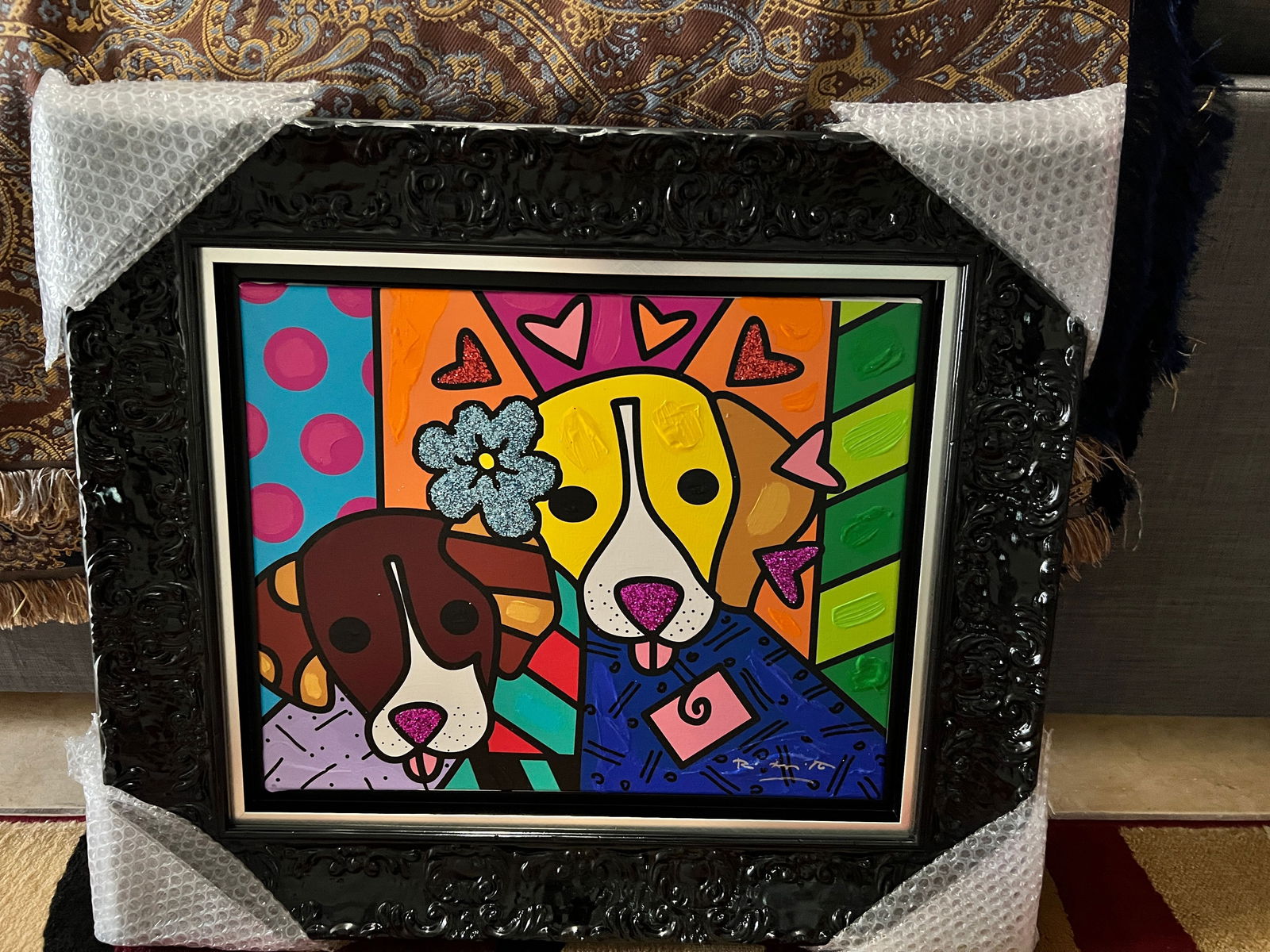 Romero Britto "Duke & Grace Magenta VIII" Unique: Romero Britto "Duke & Grave Magenta VIII" 2019 16" x 20" image size Mixed media and acrylic painting, oil pen drawing and diamond dust on canvas. Hand signed in pigment lower right by the artist.