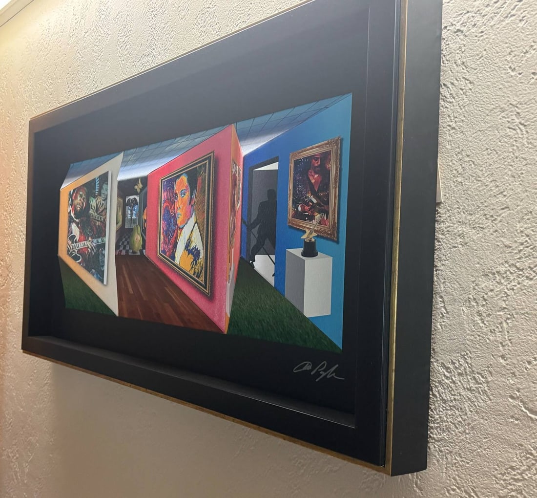 Dominic Pangborn "Music Within Me": Dominic Pangborn "Music Within Me" 2018 18 3/4" x 35 1/2" image size Three dimensional construction consisting of giclee on canvas mounted onto a three dimensional acrylic support. Hand-signed in ink