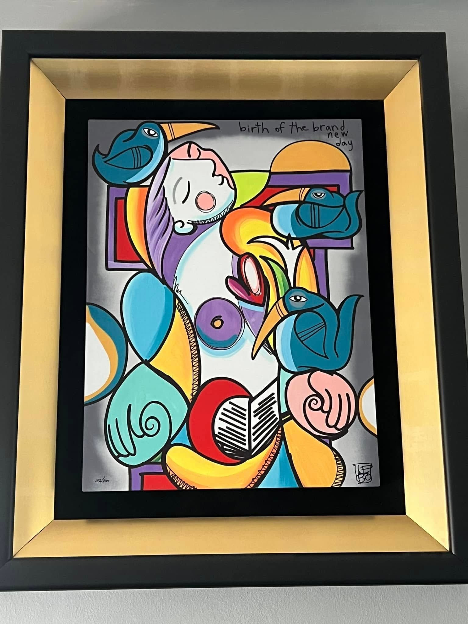 David Le Batard (as Lebo) "Birth of a Brand New Day": David Le Batard (as Lebo) "Birth of a Brand New Day" 2021 19 5/8" x 14 3/4" image size caldograph (digital multiple through dye-sublimation on wood). Hand-signed by the artist. Gallery framed, COA,