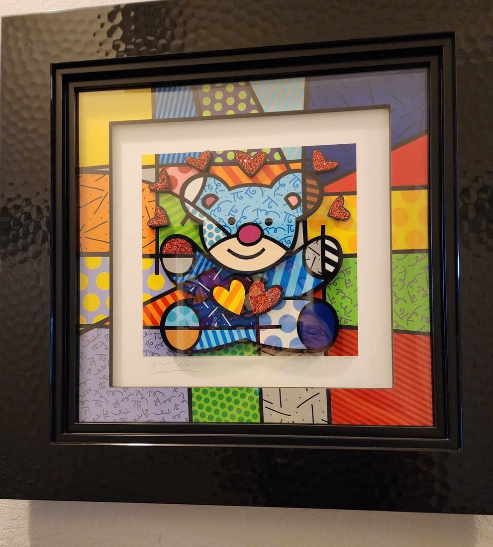 Romero Britto "Hugs": Romero Britto "Hugs" 2020 19 1/4" x 19 3/4" image size sculptograph (three dimensional multimedia construction) with archival UV ink and hand-applied diamond dust. Hand-signed in pencil by the artist.