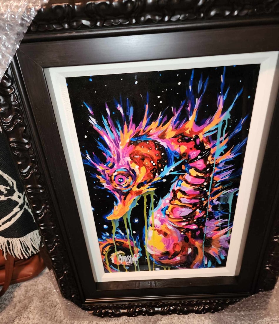 Christian Masot "Crystal Seahorse": Christian Masot "Crystal Seahorse" 2023 18" x 12"image size oil painting on metal. Hand signed in pigment lower left by the artist. Titled and signed on the verso. A Unique work Gallery framed, COA,