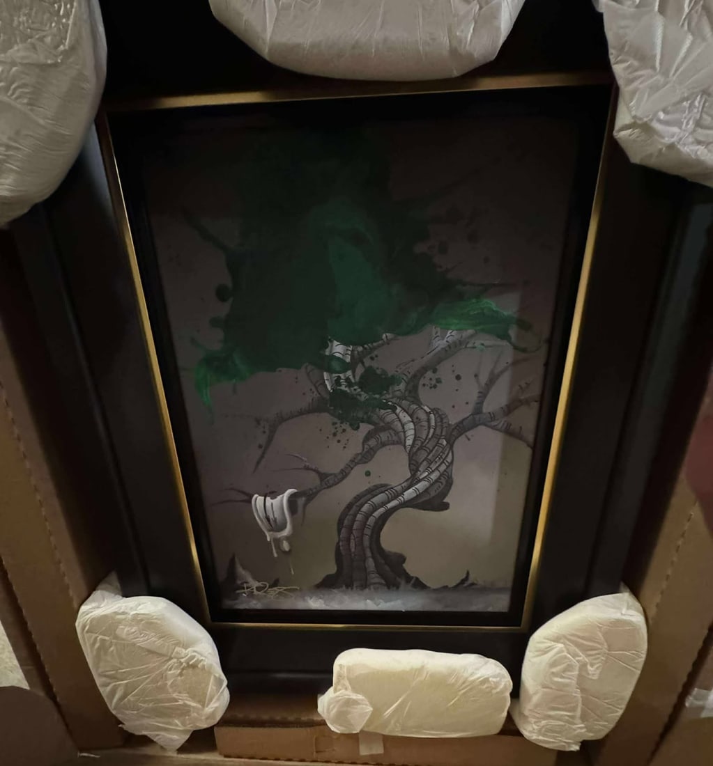 Kre8 "Fordged by Passion (Green) Unique: Kre8 "Fordged by Passion (Green)" Unique 2018 24" x 18" image size Mixed Media with acrylic painting on canvas. Hand-signed in pigment lower right by the artist. A Unique variation. Gallery framed,