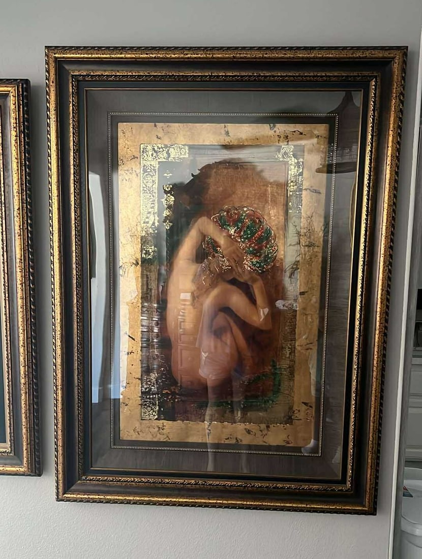 Casabe Markus "Caroleena": Casaba Markus "Caroleena" 1998 31" x 17 1/2" image size Hand torn serigraph in color on paper with hand painted embellishments mounted on heavy hand toned multi-gold paper. Signed in gold ink lower