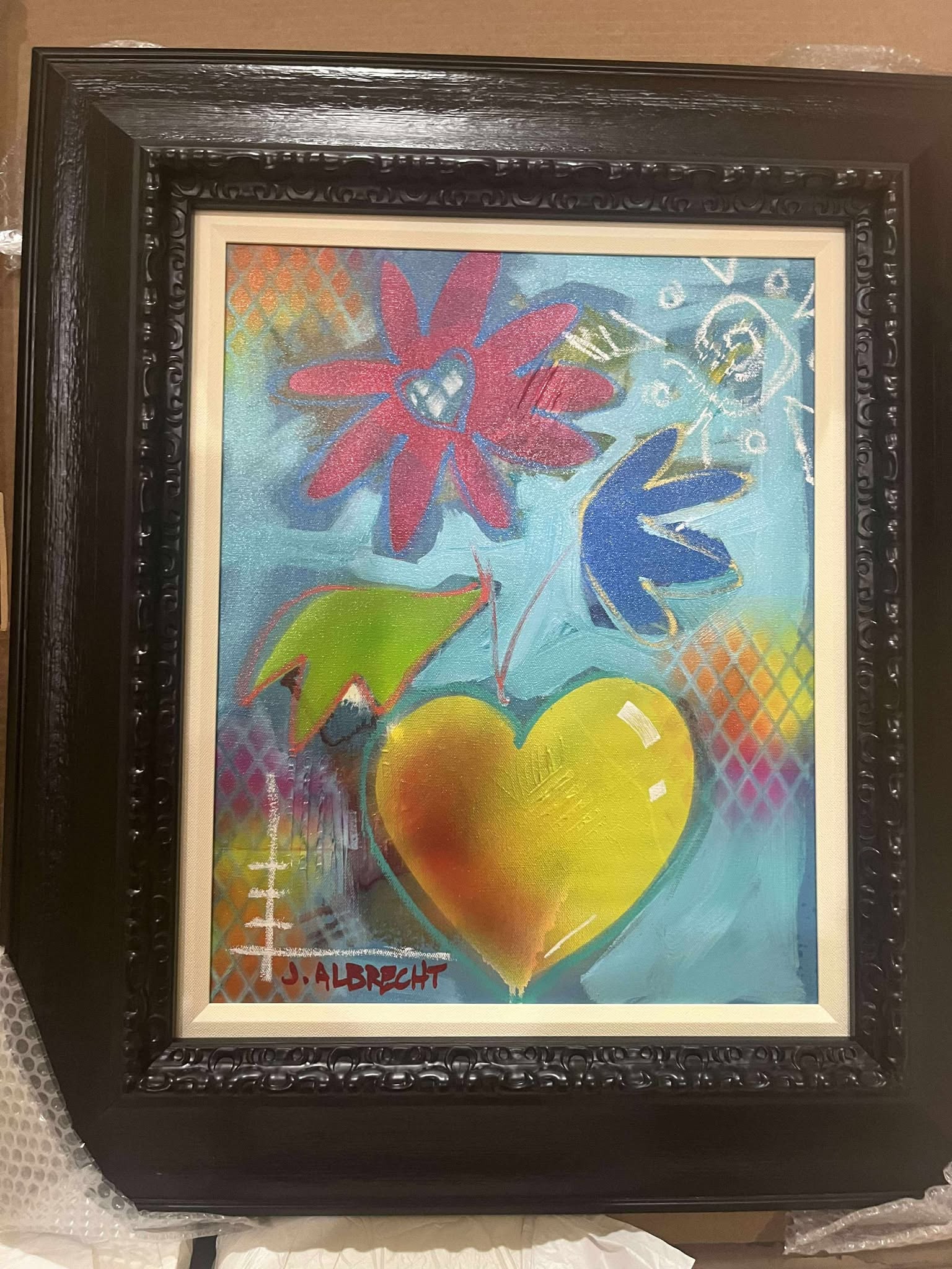 Jeff Albrecht "Happy Little Flowers" Unique: Jeff Albrecht "Happy Little Flowers" 2024 20" x 16" image size Acrylic painting on canvas. Hand-signed in pigment by the artist, lower left. A Unique work. Gallery framed, COA, Appraisal