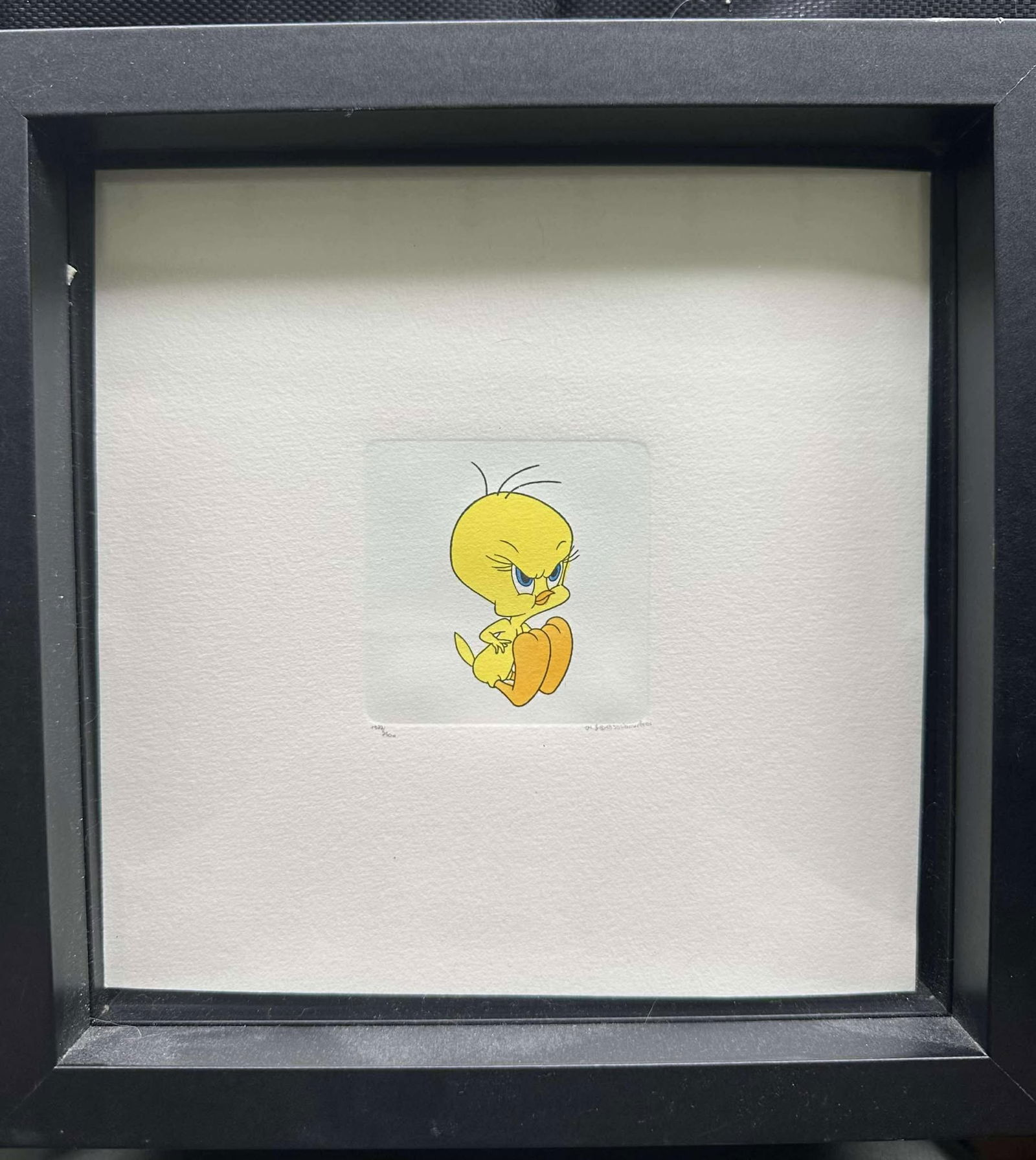 Warner Bros Studios "Tweety": Warner Bros. Studio "Tweety" 1999 2 3/4" x 2 3/4" image size Etching in color on woven paper. Signed in pencil with the publishers initials, lower center and numbered. Gallery framed, COA, Appraisal.