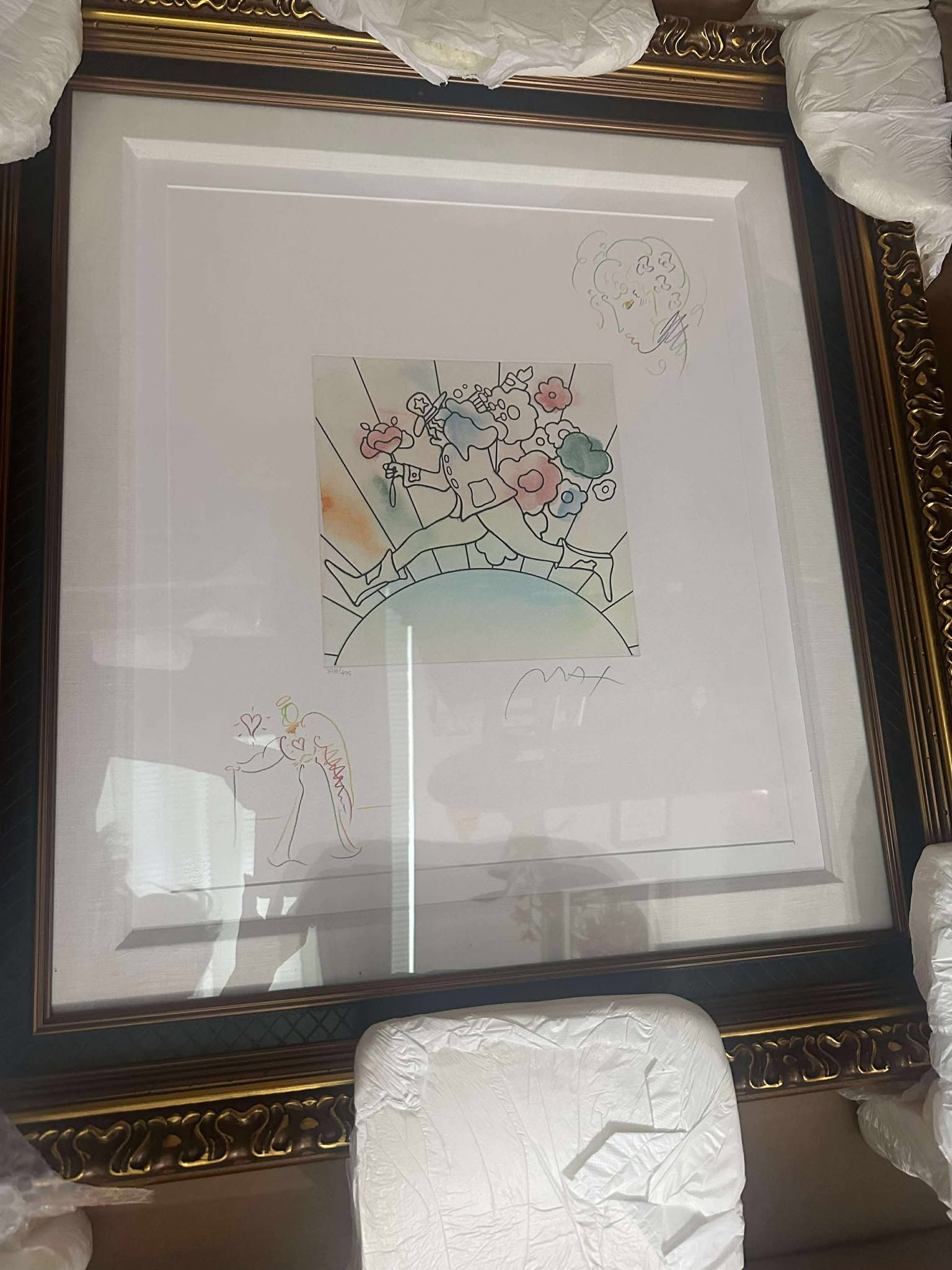 Peter Max Flower Jumper Over Sunrine (Angel with heart/Profile): Peter Max "Flower Jumper Over Sunrise (Angel with Heart/Profile)" 2016 9 7/8" x 9 7/8" image size Etching with hand-coloring and unique, hand-drawn colored pencil remarques of an Angel with Heart in