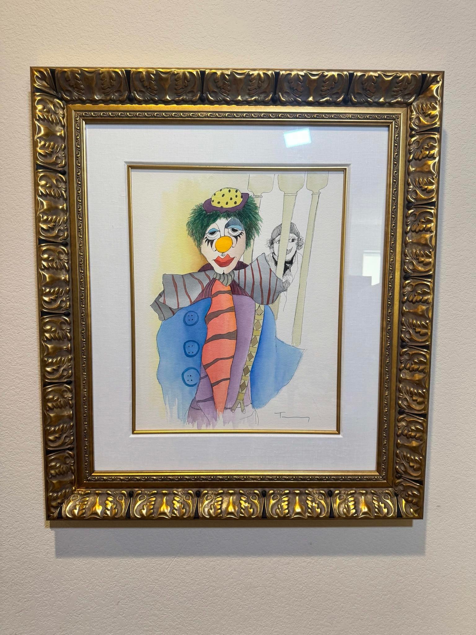 Itzchak Tarkay Tragic Clown: Itzchak Tarkay "Tragic Clown" 2006 20" x 16" image size Mixed media with watercolor and drawing on wove paper. Signed in ink. A unique work. Gallery framed, COA. Appraisal, MJ