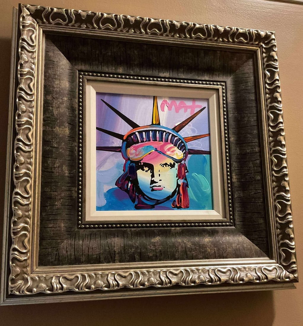 Peter Max Liberty Head ver X num 533 unique: Peter Max "Liberty Head Ver. X # 533" 2019 10" x 10" image size Acrylic painting on canvas from the Peter Max Studio. Hand-signed in pigment upper right by the artist. A Unique work. Gallery framed, C