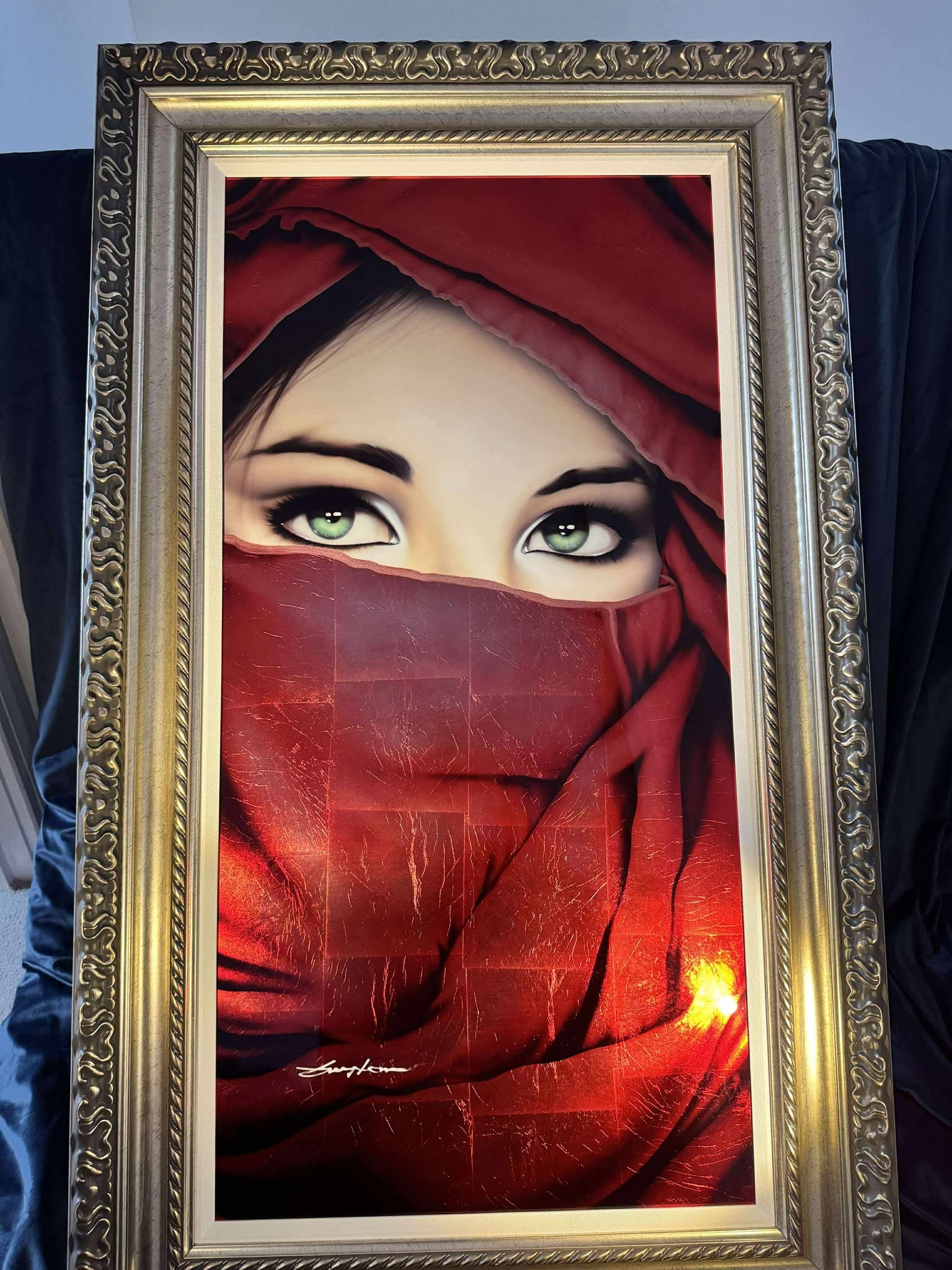 Patrick Guyton Red Veil Green Eyes Unique: Patrick Guyton "Red Veil Green Eyes" Unique 2019 40" x 20" mixed media on aluminum with sized gold or silver leaf, veined by hand. Hnad-signed in pigment lower left by the artist. Signed and dated on