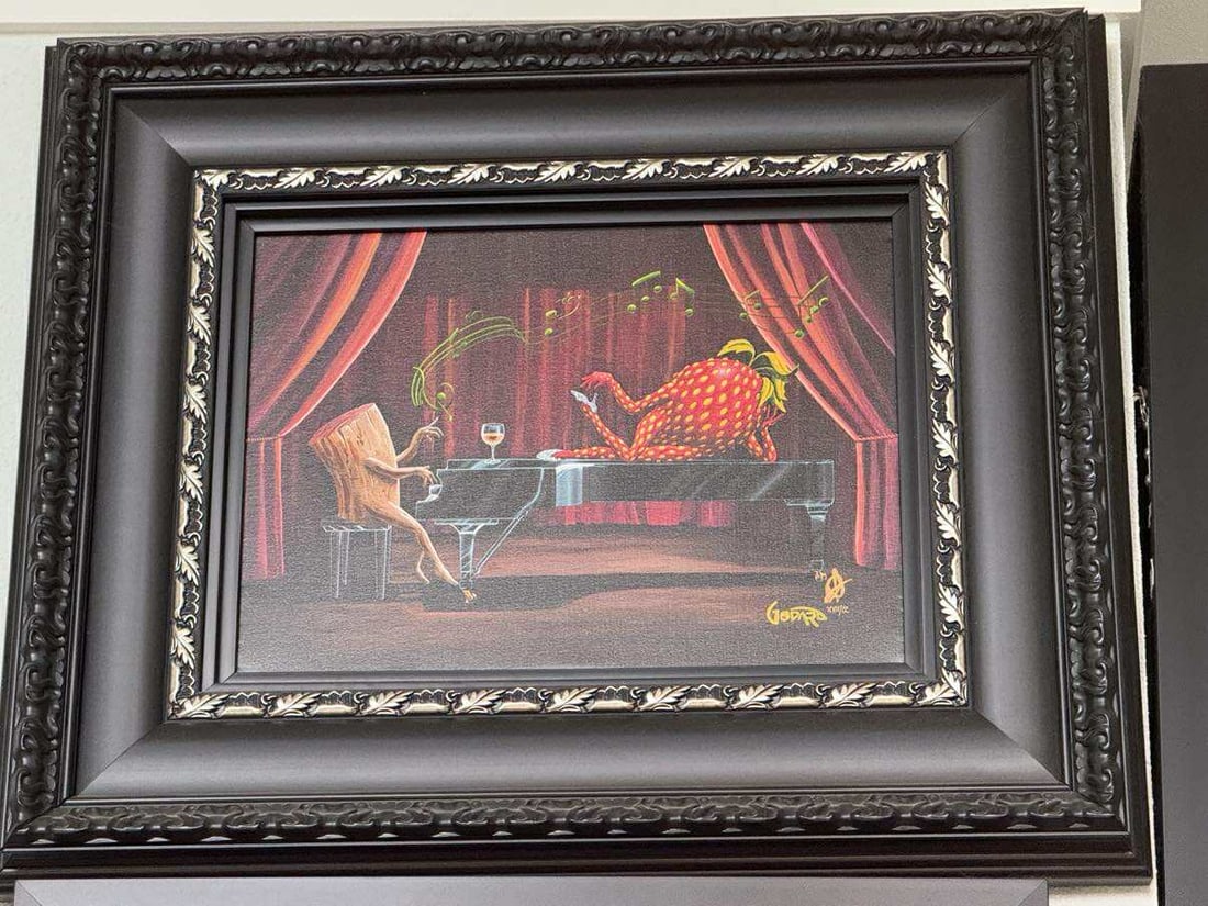 Michael Godard Clef Notes: Michael Godard "Clef Notes" 2022 15 1/4" x 20" image size Giclee in color with hand-embellishment on canvas. Hand-signed by the artist. Gallery framed, COA, Appraisal. VW