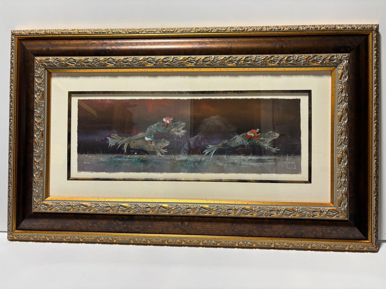 Benard Louedin La Course Hippique: Benard Louedin "La Course Hippique" 2021 7" x 21 1/4" image size Giclee in color on paper. Hand-signed by the artist. Gallery framed, COA, Appraisal, SEK