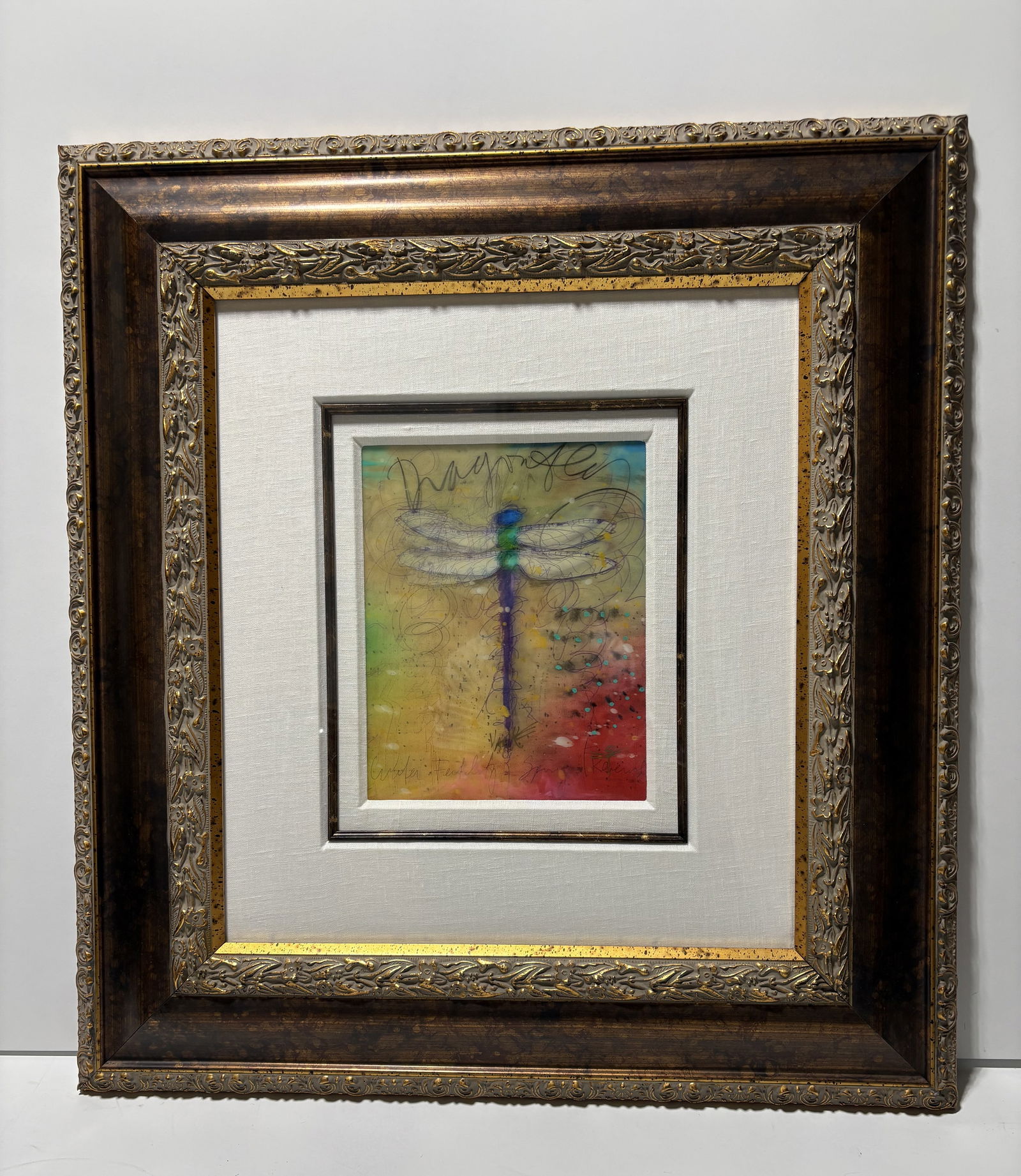 Tim Yanke Sunrise Spring: Time Yanke "Sunrise Springs" dragonfly viewed through a lenticular lens. 23.75" x 25.5" framed, no paperwork SeK