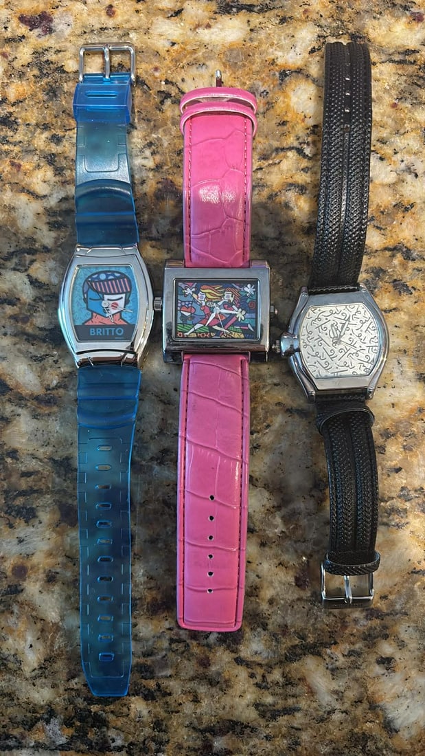 Romero Britto 3 watch set: Romero Britto 3 watches need batteries replaced. Authentic Romero Britto watches.