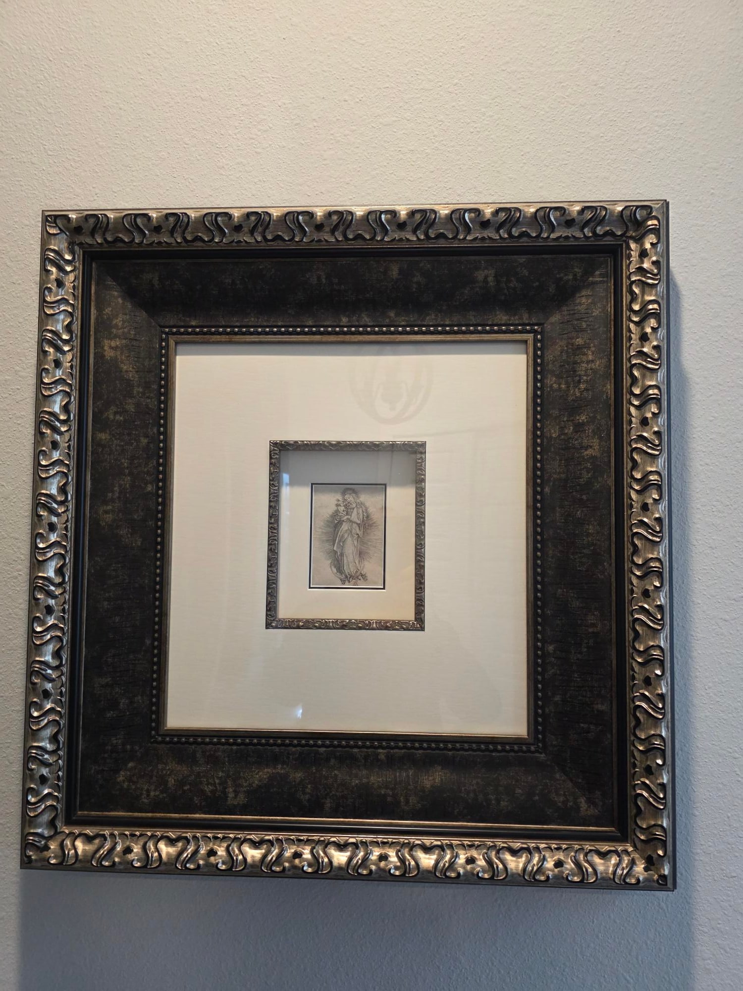 Albrecht Durer The Virgin on the Crescent: Albrecht Durer "The Virgin on the Crescent" 1498 4 1/4" x 3 1/16" image size Engraving on laid paper with thin margins. Signed in the plate with the monogram of the artist, lower center. Likely a D im