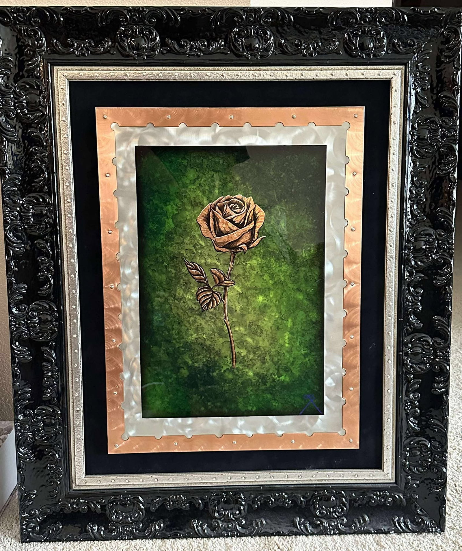 Cris Woloszak (Cris X) Copper Rose Green: Chris Woloszak "Copper Rose Green" 2018 24" x 18" image size Candy-Color paint, urethane and enamel on a brushed metal surface. Hand-signed in pigment lower right by the artist. Titled on verso. A uni