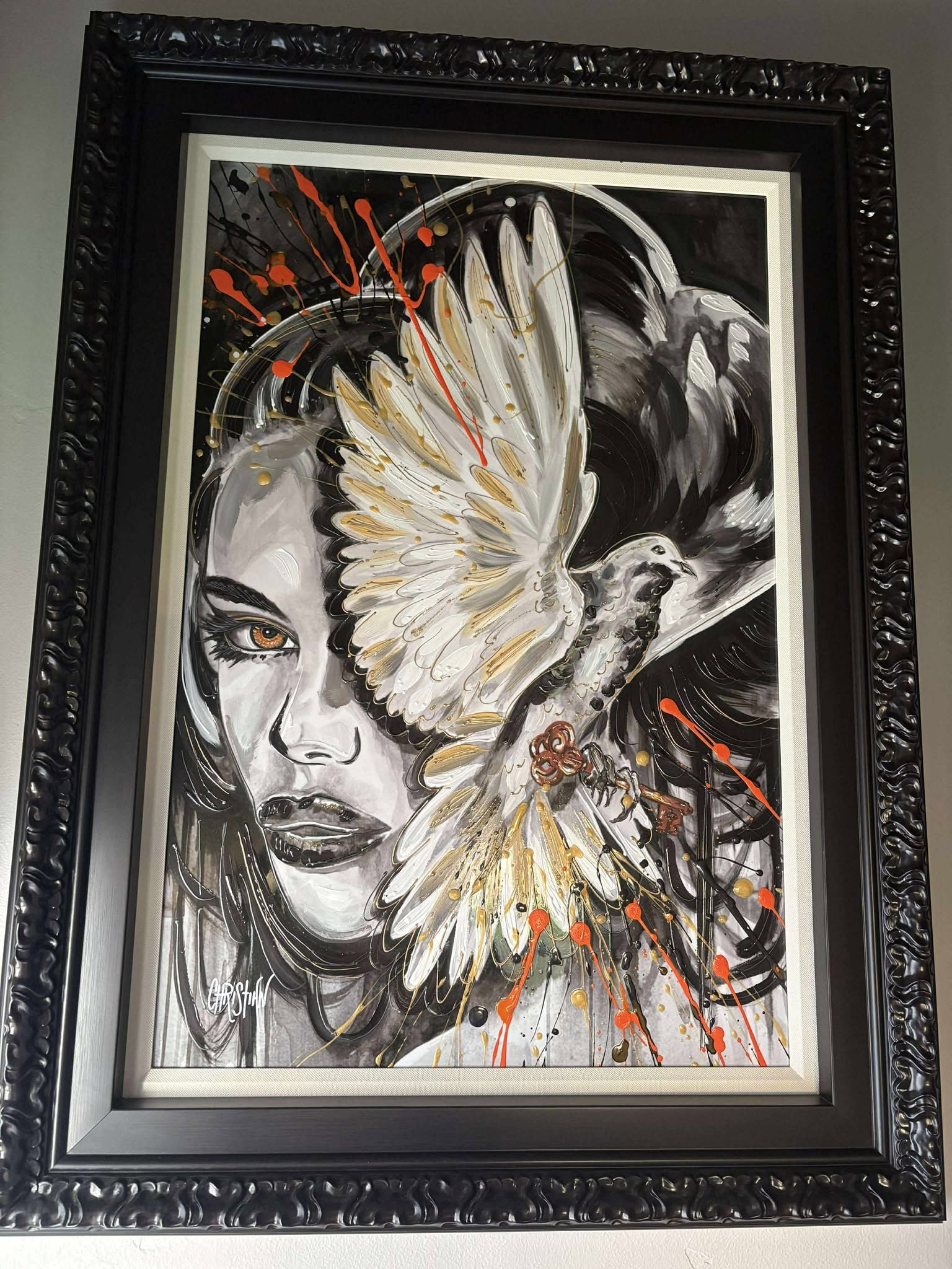 Christian Masot Holding the Key unique: Christian Masot "Holding the Key" Unique 2023 30" x 20" image size Oil painting on metal. Hand-signed in pigment by the artist, lower left. Signed and titled on the verso. A unique work. Gallery