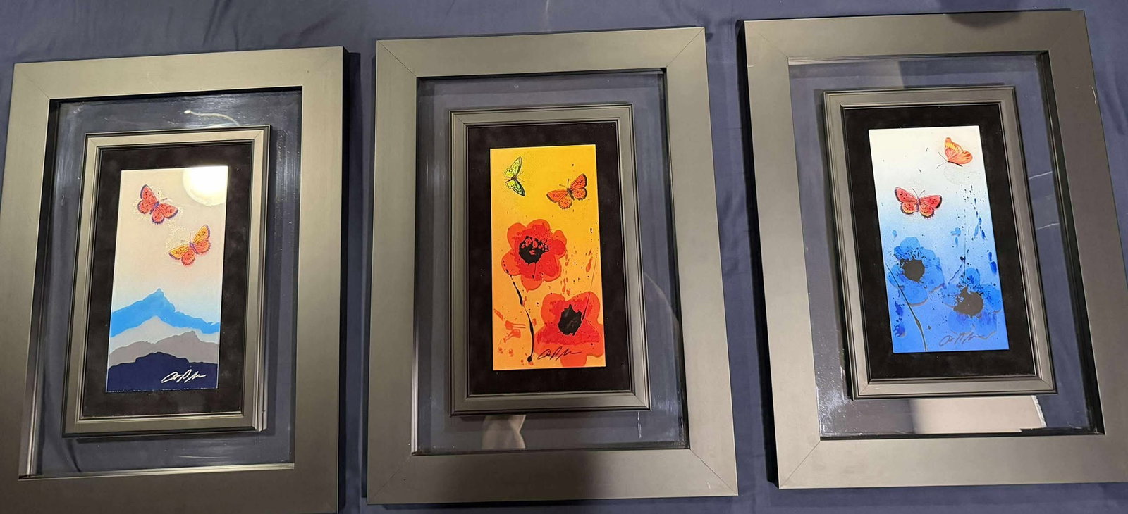 Dominic Pangborn Earth, Fire and Water: Dominic Pangborn "Earth, Fire and Water" 3 panels. Acrylic painting on transparent acrylic panels. Hand signed in pigment lower left by the artist. Unique variation. Gallery framed. COA. Appraisal.JD