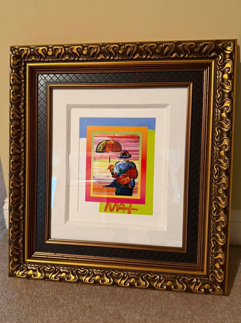 Peter Max Umbrella Man on Blends: Peter Max "Umbrella Man on Blends" 2005 10" x 8" image size Iconic suite mixed media with acrylic painting and color lithography on paper from the Peter Max Studio. Hand-signed in acrylic by the artis