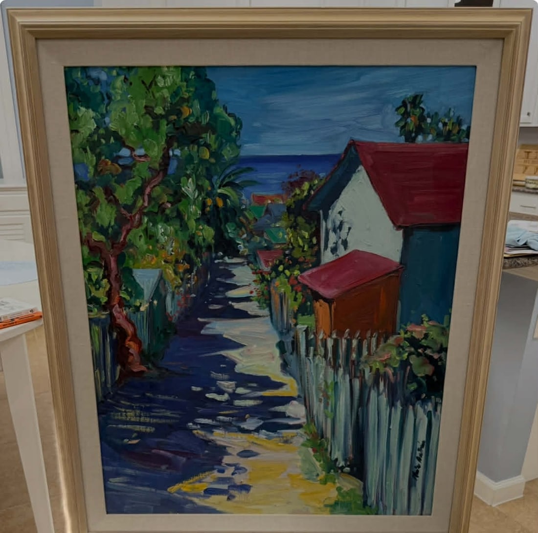 Maria Bertran Cottages with Alley: Maria Bertran Cottage and alley by the sea 30.5" x 36.75" framed