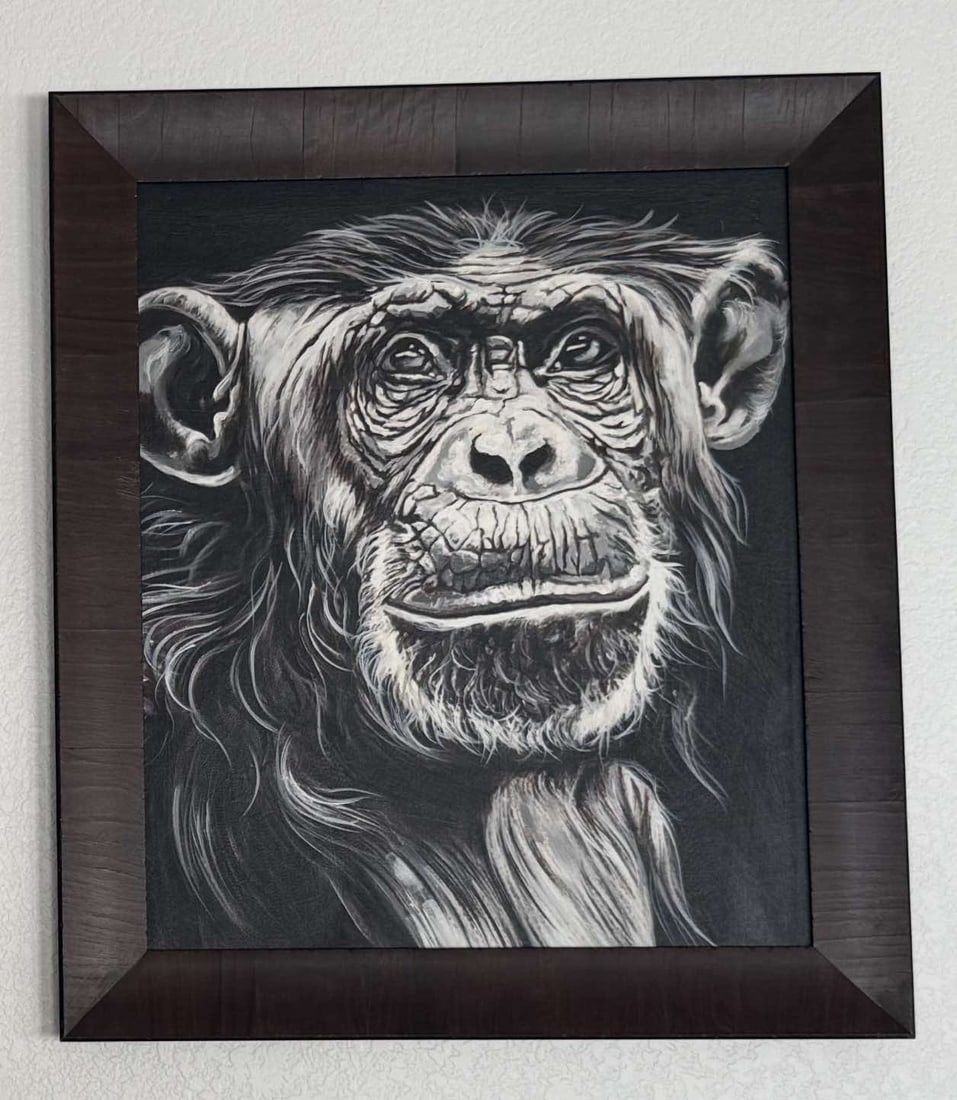 Elseed: Elseed "Chimp" origional acrylic and oil on canvas. 23" x 19". Framed