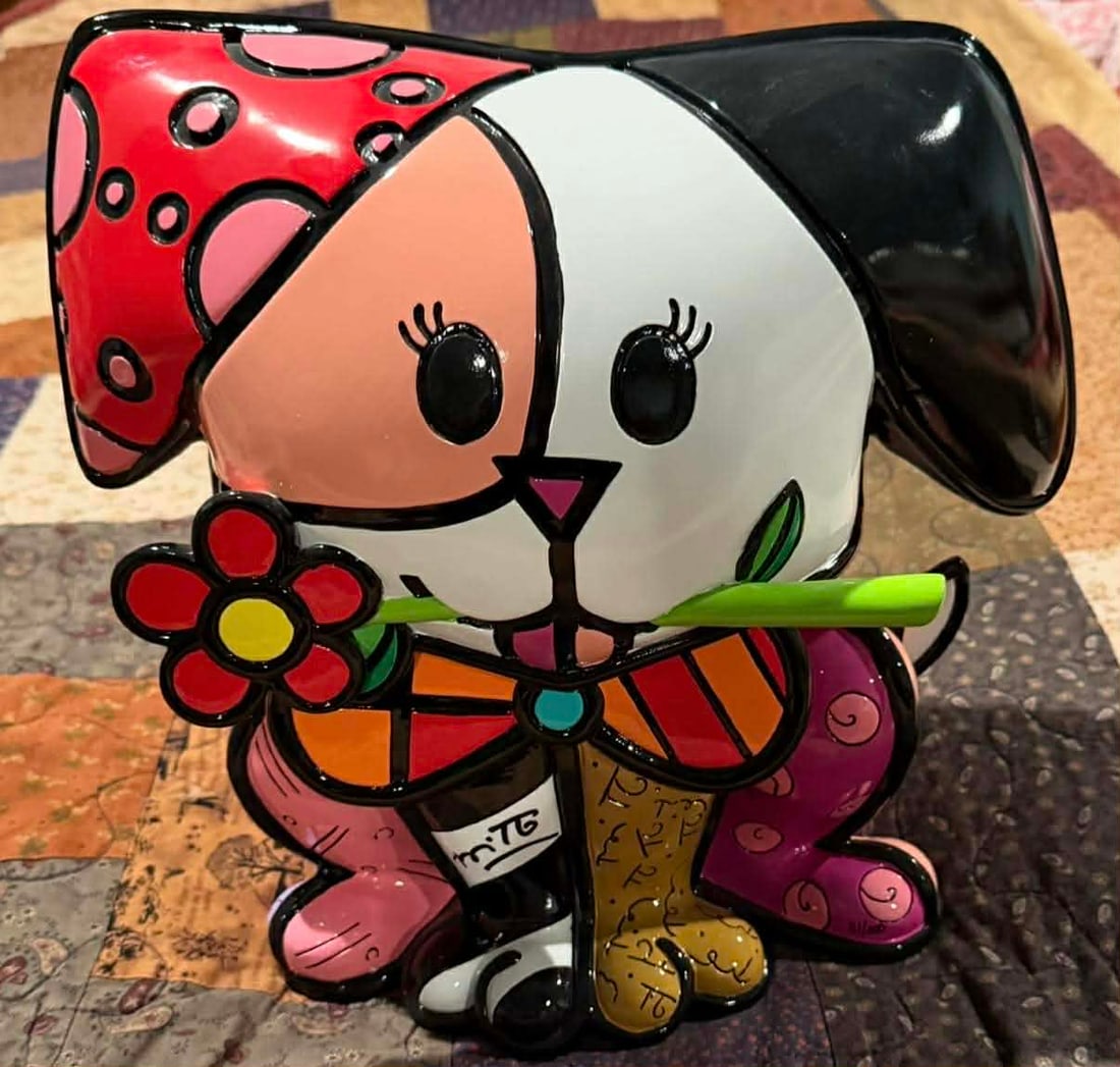 Romero Britto Puppy Flower: Romero Britto "Puppy Flower" 2019 12 1/2" x 12 3/8" Hand painted sculpture, handcrafted in resin. Hand-signed in pigment lower center by the artist. Appraisal, CMK