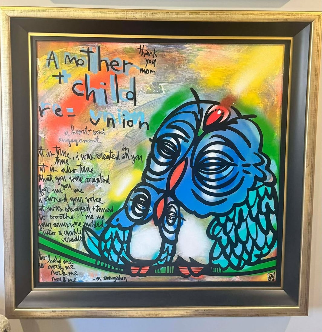 David Le Batard (as Lebo) A Mother and Child Reuinion: David Le Batard (as Lebo) "A Mother and Child Reunion" 2020 36" x 35 7/8" image size Acrylic painting on canvas. Hand-signed in pigment lower right by the artist. Title and dated on the verso. A Uniqu