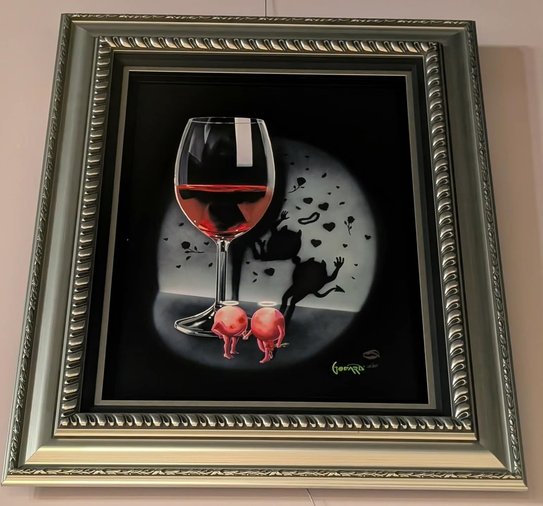 Michael Godard She Devil Red Wine: Michael Godard "She Devil Red Wine" 2020. 23 1/2 x 17 1/2 image size. Giclee in color with hand embellishment on canvas. Hand signed in ink lower right by artist. Gallery Framed. Appraisal. SS