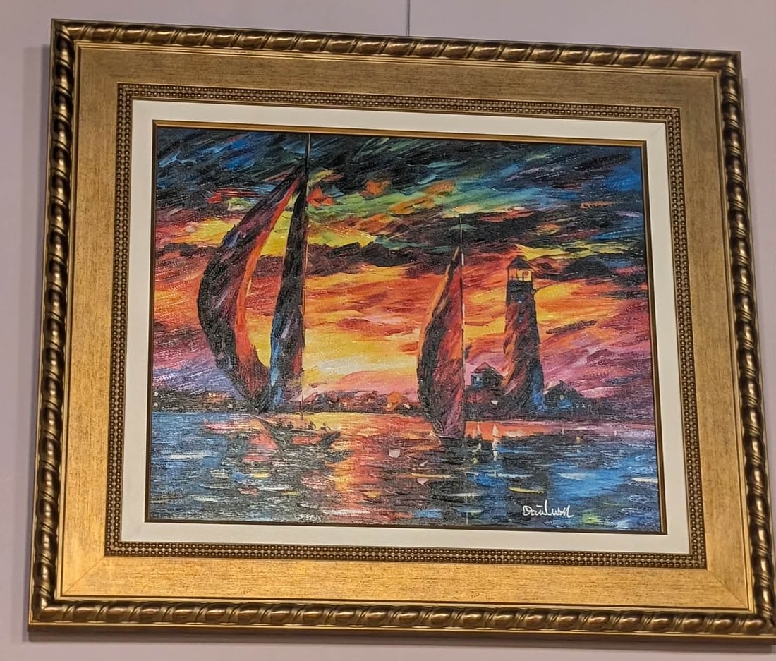 Daniel Wall Sunset Return: Daniel Wall "Sunset Return" 2020. 20 " x 21" image size. Giclee in color with hand embellishment on canvas. Hand signed by artist. Gallery Framed. COA. Appraisal