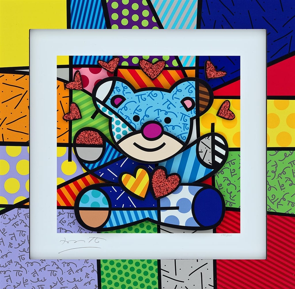 Romero Britto Hugs: Romero Britto "Hugs" 2020. 19 1/4" X 19 3/4". Sculptogaph with archival UV ink and hand applied diamond dust. Hand signed in pencil by artist. Gallery Framed. COA. Appraisal. SS
