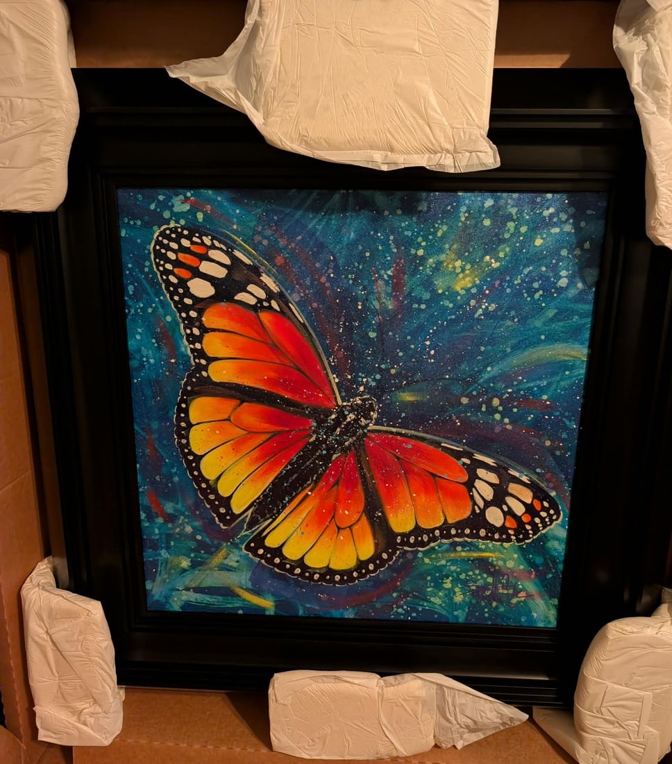 Fishwick Harmony Butterfly: Fishwick "Harmony - Butterfly' 2025 24" x 24" image size Acrylic painting on canvas. Hand-signed in pigment by the artist, lower right. A unique work. Gallery framed, COA, Appraisal
