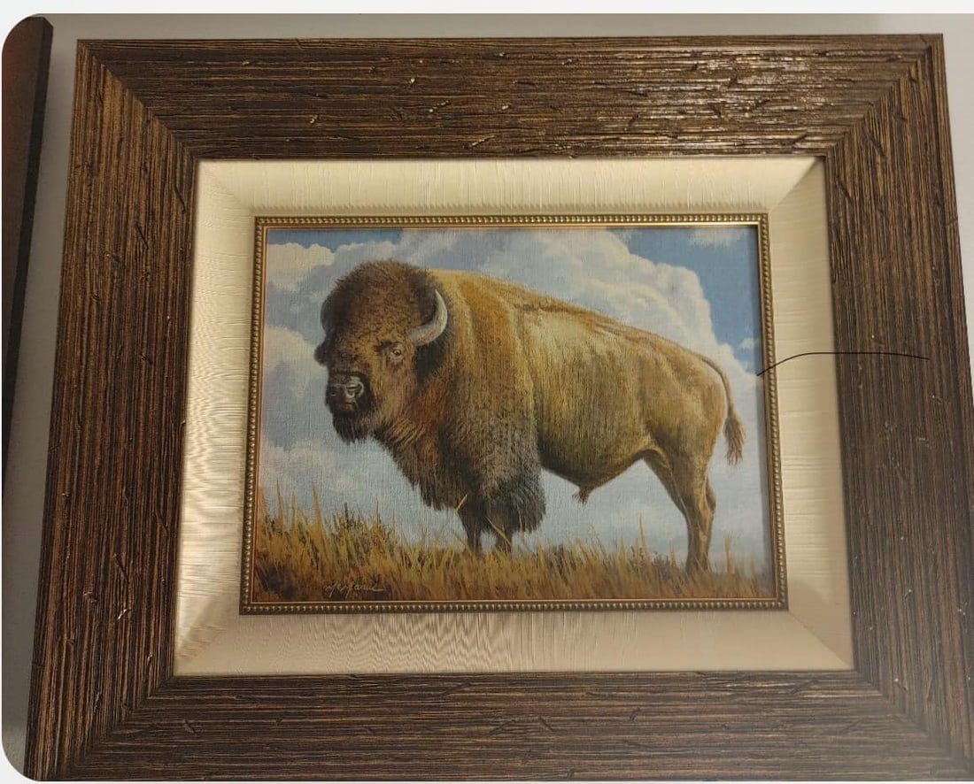 Pat McManus Big Sky Bison: Pat McManus "Big Sky Bison" UNIQUE 12" x 16" image size Oil painting on canvas board. Hand-signed in pigment lower left by the artist. Signed, titled, and dated on the verso. Gallery framed COA