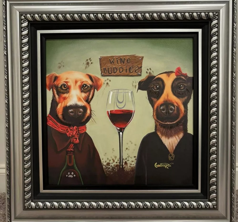 Wine Buddies: Michael Godard, "Wine Buddies" 2023, 20"x20" (Image size) Giclee in color with hand-embellishment on canvas. Hand-signed by the artist