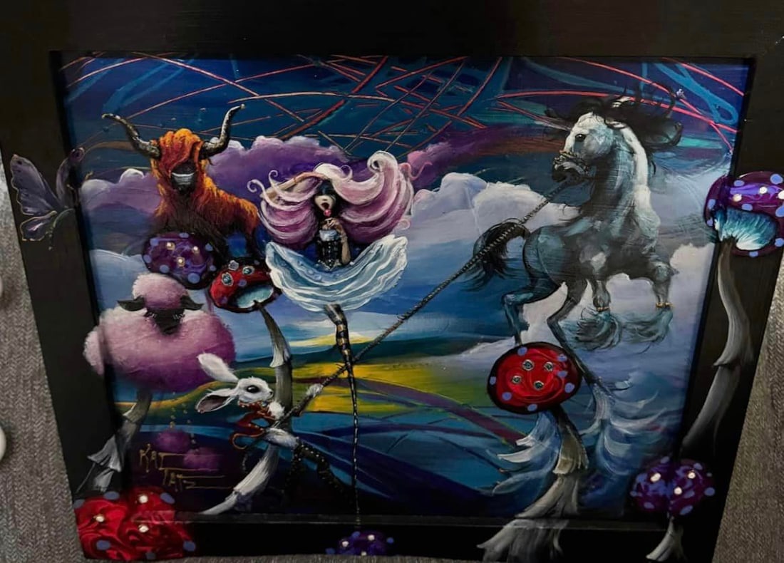 Stepping Over the Line: Kat Tatz UNIQUE "Stepping Over The Line" 2022 Mixed media on canvas Hand signed 16"x18" image size Appraisal