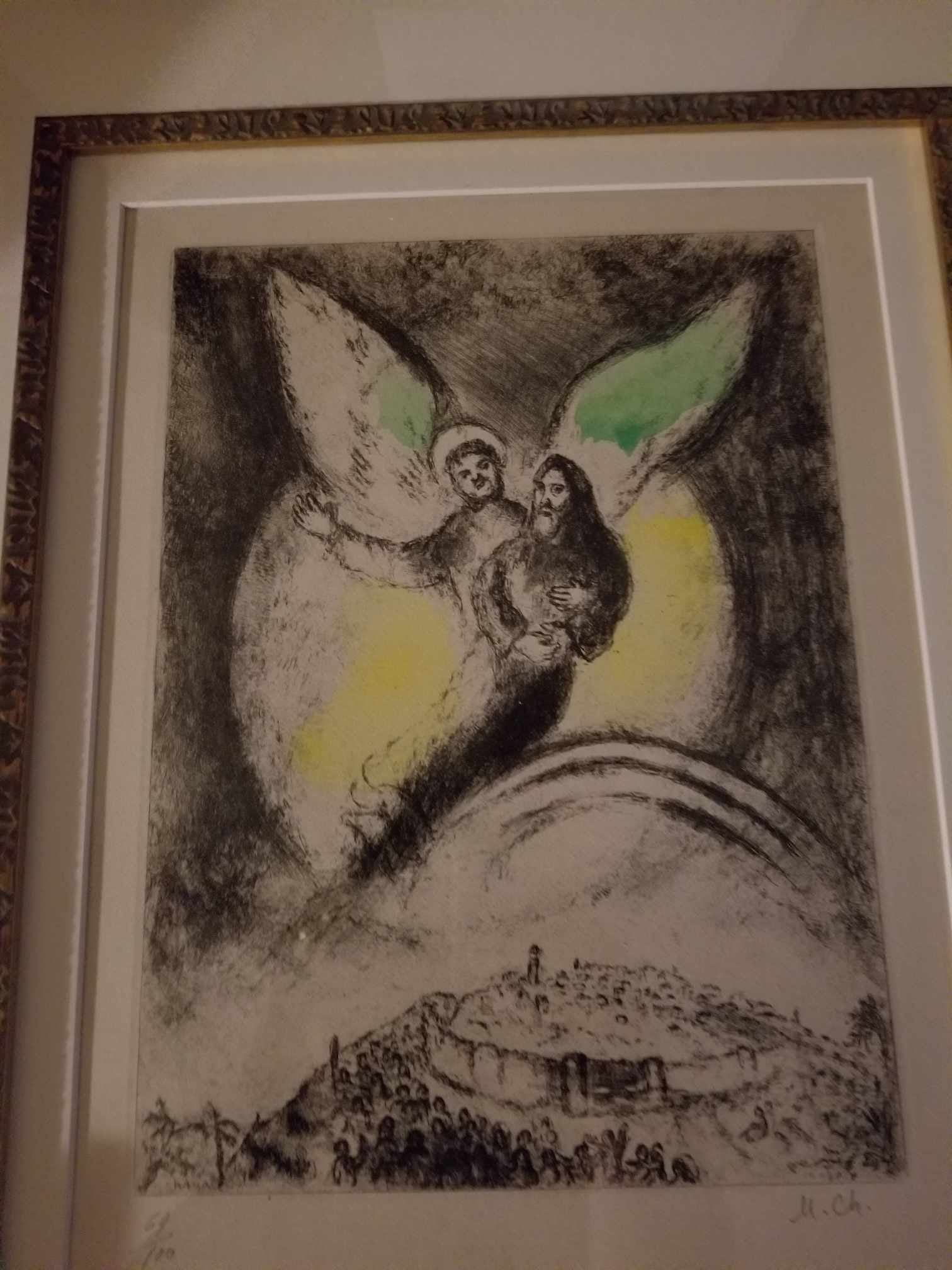 L'Eternal Aura Pitie de Jacob: Marc Chagall "L, Eternel Aura Pitie de Jacob"( God will have Pity on Jacob) 1931-39 S292, 12 11/16" x 9 1/2" image size, Etching with hand-coloring in watercolor on Arches woven paper. Initialed "M. C