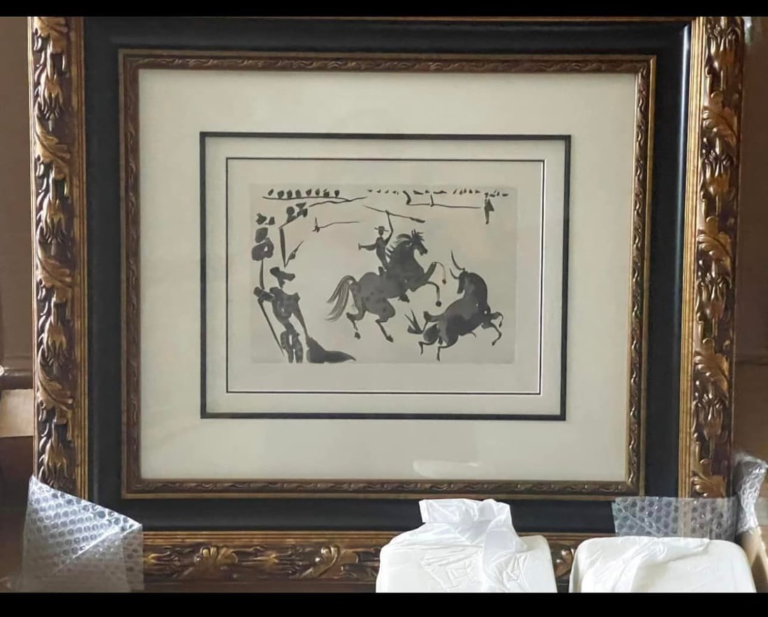 Pablo Alceando a un Toro From La Tauromaquia: Pablo Picasso "Pablo Alceando a un Toro From La Tauromaquia" 1959 7 3/4" x 11 1/2" image size Sugar-lift aquatint on Guarro paper. With bull's head watermark designed by the artist. One of 26