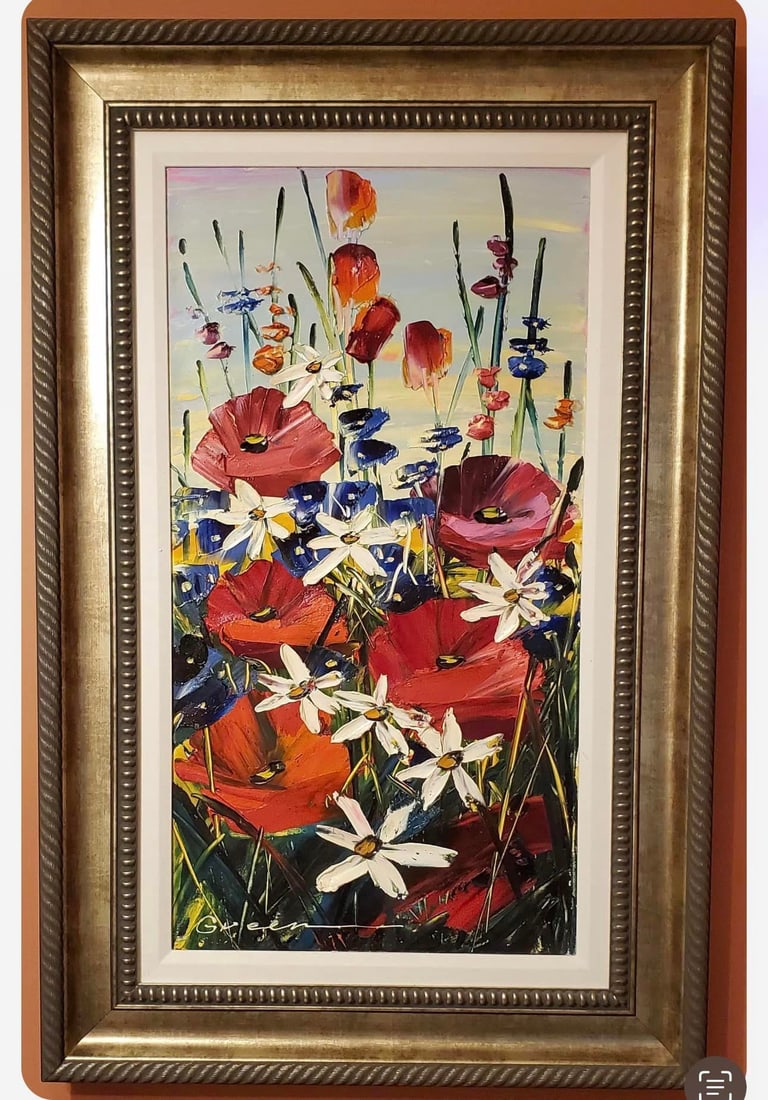 Sprouting Daisies: Maya Green "Sprouting Daisies" UNIQUE 2013 30" x 15 1/2" image size Oil painting on canvas. Hand-signed in pigment lower left by the artist. Gallery framed COA