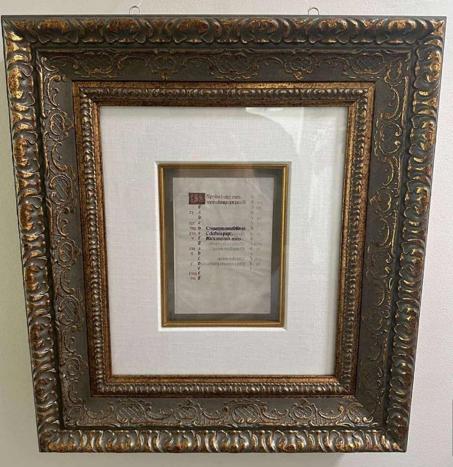 Manuscript Calendar leaf from Book of Hours: Manuscript "Calendar leaf from a Book of Hours c. 1500"7 1/2" ? 5 1/4" image size A calendar leaf on vellum from a Book of Hours. The calendar contains a single column with approximately 17 lines of t