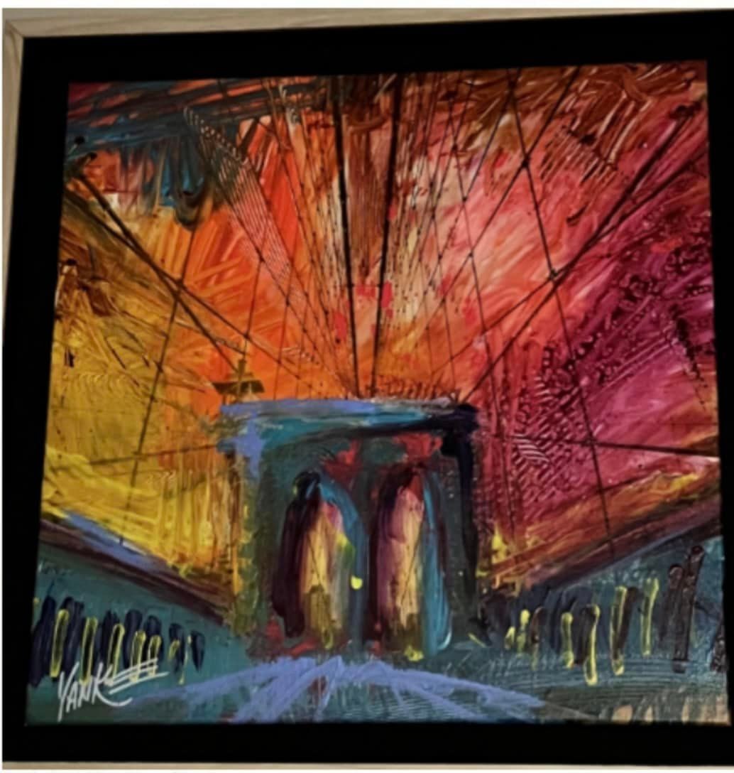 New York Yanke (Brooklyn Bridge): Tim Yanke "New York Yanke (Brooklyn Bridge) UNIQUE 2020 28" x 28" Acrylic painting on canvas. Hand-signed in pigment lower left by the artist. Signed and titled on the verso. US Gallery framed COA