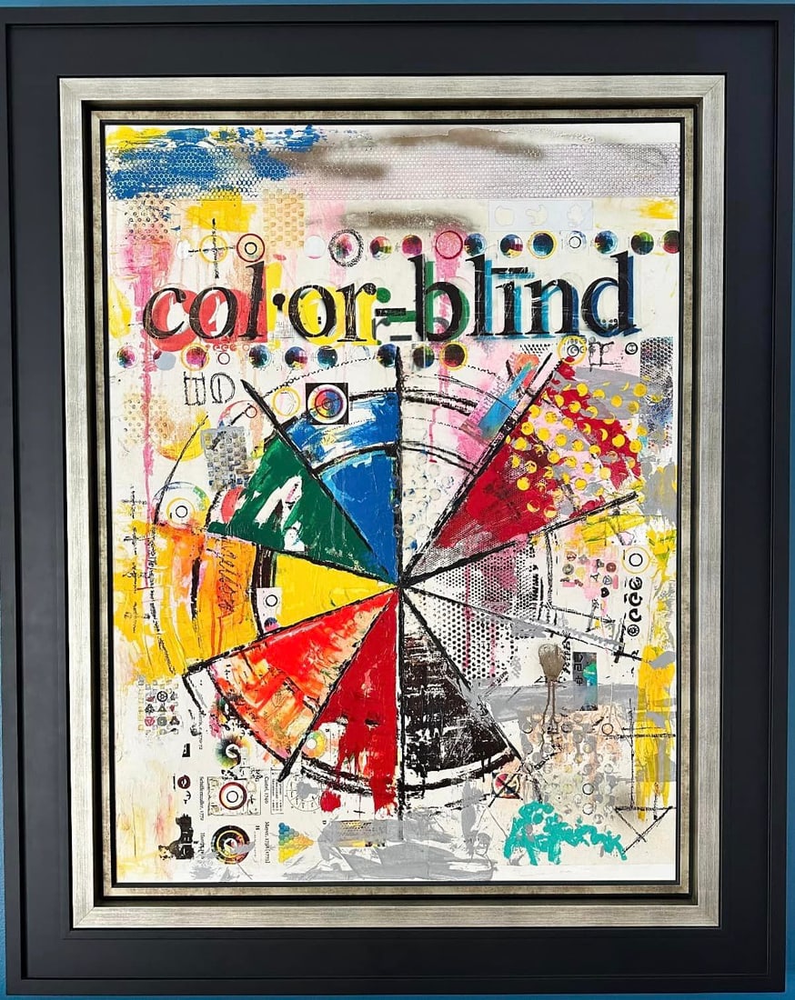 Colorblind: Autumn De Forest "Colorblind" UNIQUE 2019 48" ? 36" image size Mixed media painting on wood panel with mounted collage elements. Hand-signed in pigment lower right by the artist. The artist has