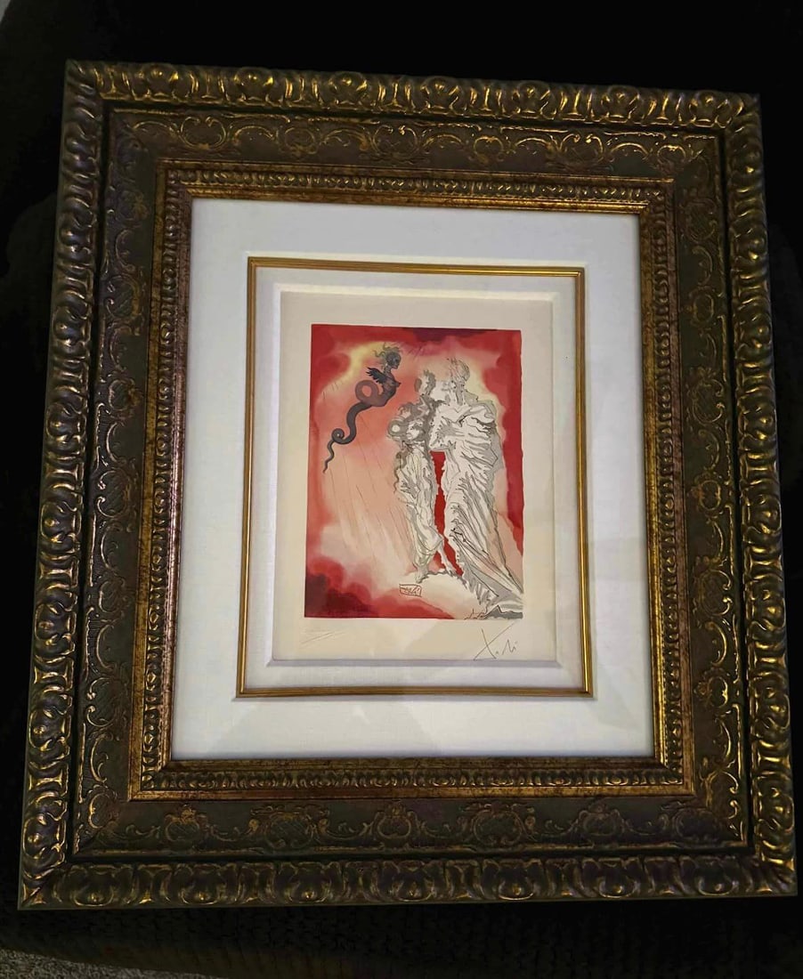 Divine Comedy / Inferno 21 - The Black Devil: Salvador Dali "Divine Comedy / Inferno 21 - The Black Devi"l 1959 - 1963 13" x 10 3/8" image size Wood engraving in color Signed in pencil lower left and in the block. Professionally framed / comes