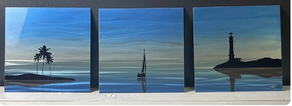 Nicholas Yust Evening Drift 3/3 Unique: Nicholas Yust "Evening Drift 3/3" 2022 16" x 16" image size Painting in aluminum. Hand-signed on lower right. Signed, titles, and dated on the verso. A unique variation. Appraisal