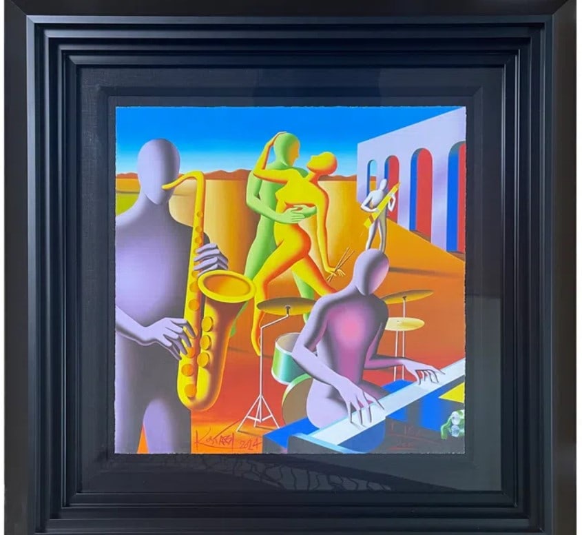 Mark Kostabi The Joy of Sax: Mark Kostabi "The Joy of Sax" 2020 18" x 18" image size Giclee in color on paper. Hand-signed by the artist. Gallery framed, COA, Appraisal