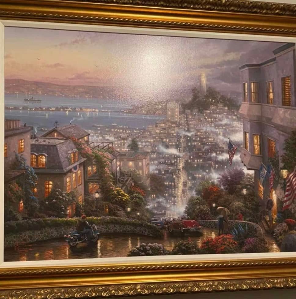 Thomas Kinkade San Francisco, Lombard Street: Thomas Kinkade "San Francisco, Lombard Street" 2001 30" x 40" image size Giclee in color with acrylic embellishments on canvas. Signed with the artist's authorized signature applied through the
