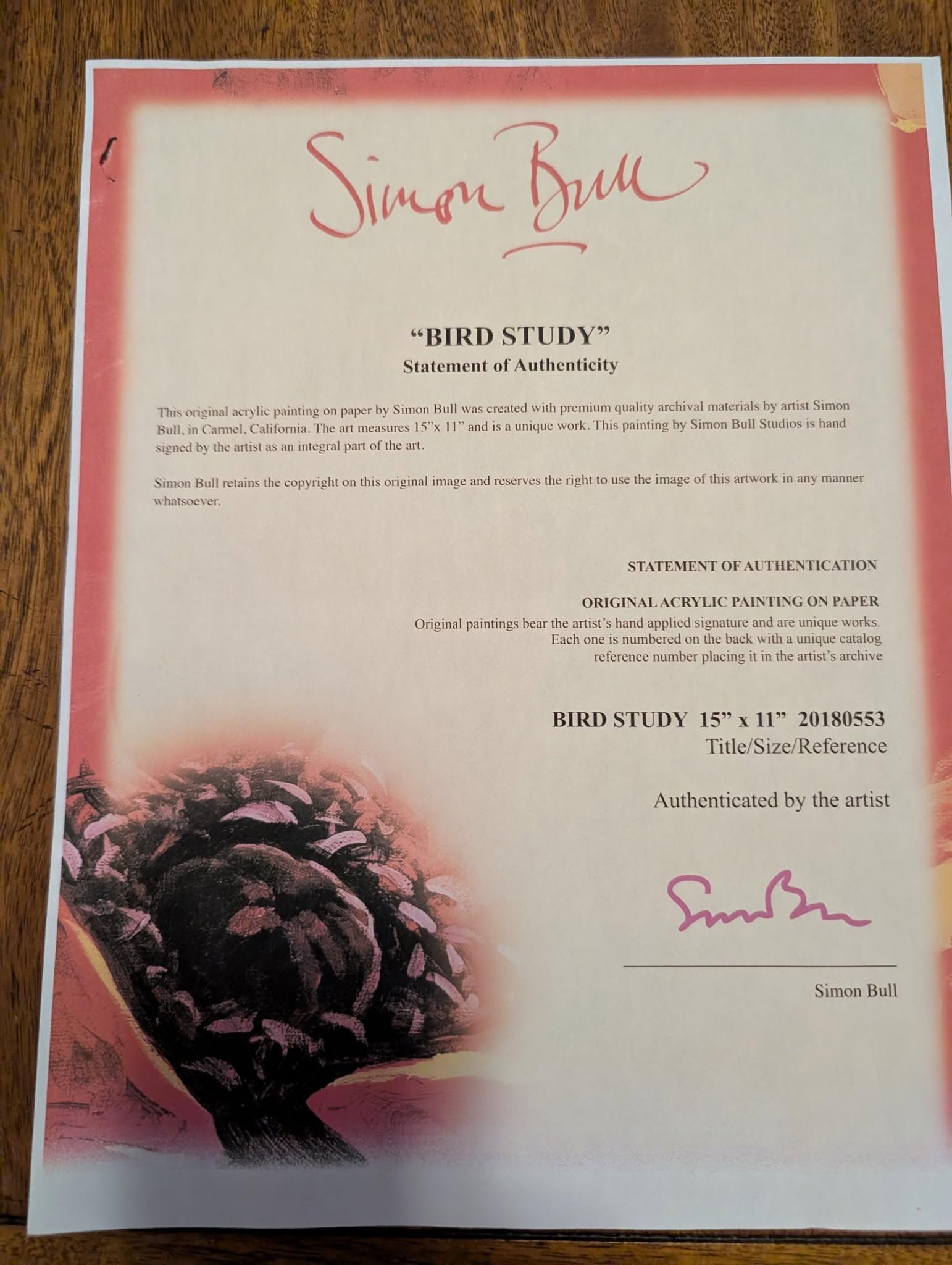 Simon Bull Bird Study large Original - 2