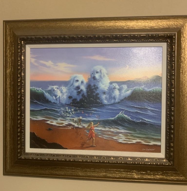 Jim Warren The Dog Whisperer: Jim Warren "The Dog Whisperer" 2016 18 5/8" x 23 5/8" image size Giclee in color on canvas. Hand-signed in ink lower right by the artist. Gallery framed, Appraisal